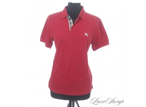 THE ONE EVERYONE WANTS! AUTHENTIC MENS BURBERRY LONDON CHERRY RED PIQUE POLO SHIRT WITH KNIGHT LOGO M