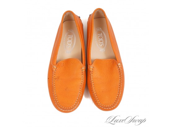 SWEET SUMMER COLOR AND NEAR MINT TODS MADE IN ITALY TANGERINE ORANGE GRAINED LEATHER WOMENS DRIVING SHOES 8