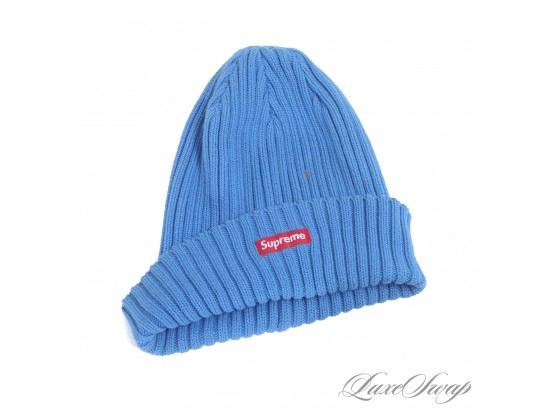 AUTHENTIC SUPREME NEW YORK LAKE BLUE RIBBED BEANIE HAT WITH RED 'BOX LOGO' OSF