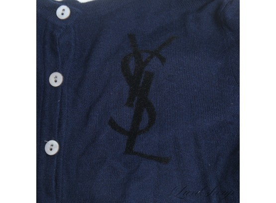 OOOOF! YSL YVES SAINT LAURENT INTARSIA LOGO NAVY BLUE CARDIGAN WITH MOTHER OF PEARL BUTTONS M