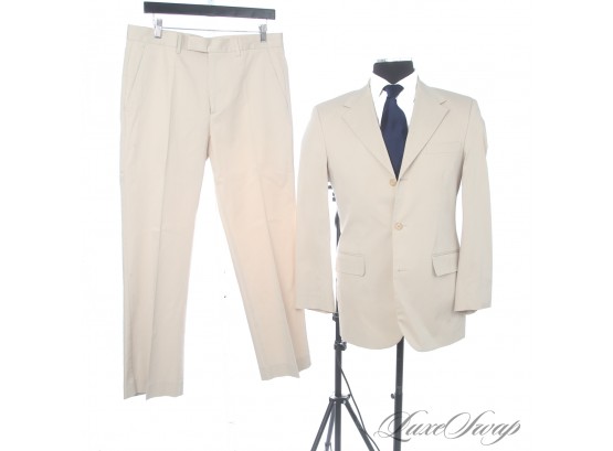 SUMMER STYLE : MENS SISLEY MADE IN ITALY PALE KHAKI BEIGE SELF RIBBED STRIPE 2 PIECE FULL SUIT 50 / US 40