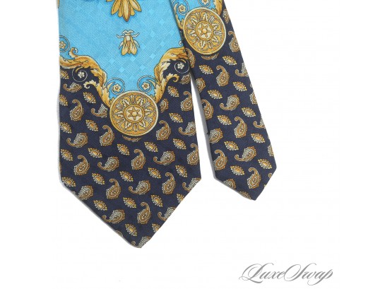 REAL DEAL VINTAGE 1990S VERSACE MENS SILK TIE IN NAVY WITH GOLD BEE PRINT AND TURQUOISE MEDUSA CAMEO