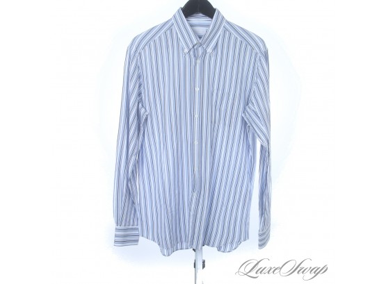 SUMMER PERFECT! MENS PRADA MADE IN ITALY WHITE AND BLUE MULTI STRIPE BUTTON DOWN DRESS SHIRT 16.5