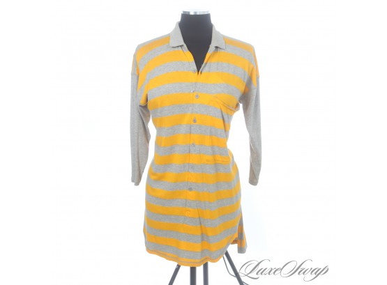 VINTAGE 1990S CALVIN KLEIN SPORT YELLOW AND HEATHER GREY STRIPED STRETCH POLO DRESS S
