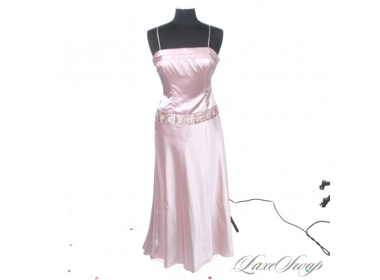 MAYBE WORN ONCE FLORI DESIGN BUBBLEGUM PINK SATIN CRYSTAL EMBROIDERED WAISTBAND STRAPLESS GOWN 6/8