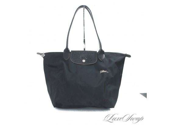 AUTHENTIC LONGCHAMP MADE IN FRANCE 'LE PLIAGE' LARGE ALL BLACK COLLAPSIBLE TOTE BAG