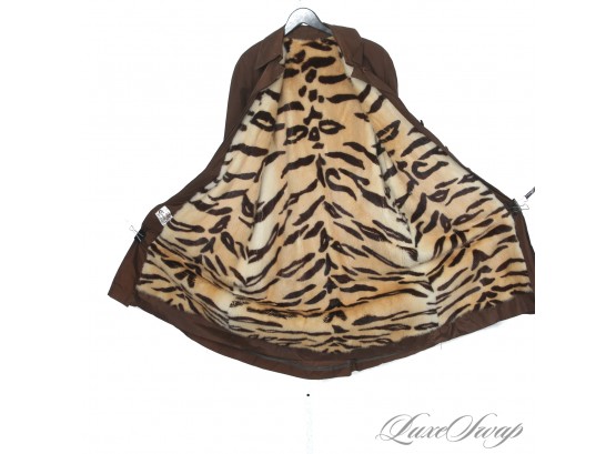 HOLY SMOKESHOW! VINTAGE COUNT RO WOMENS BROWN TAFFETA BELTED COAT WITH GENUINE MINK FUR LINING IN TIGER PRINT