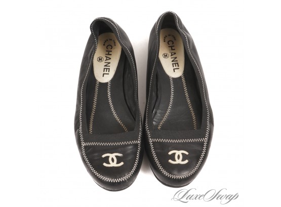 THE ONES EVERYONE WANTS! AUTHENTIC CHANEL MADE IN ITALY BLACK CC CAPTOE NAPPA LEATHER FLAT SHOES