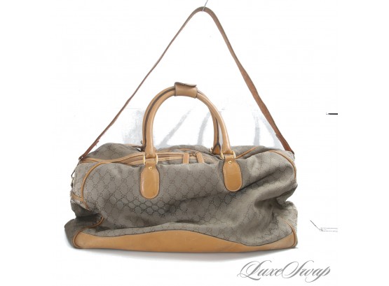 THE STAR OF THE SHOW! HUGE 24' AUTHENTIC GUCCI MADE IN ITALY TAN GG MONOGRAM CANVAS DUFFLE WEEKENDER BAG