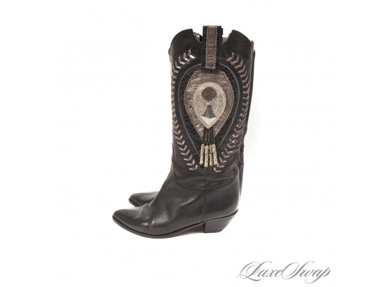 THESE ARE KILLER! VINTAGE BLACK FARVELA MADE IN ITALY SILVER DETAIL WESTERN COWBOY BOOTS 38.5