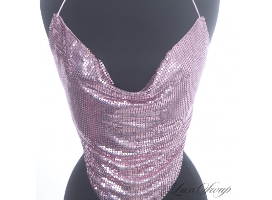 SHINE BRIGHT! VINTAGE POLLY BUBBLEGUM PINK SATIN LINED PURE ALUMINUM METAL MESH HALTER TOP WOWWWW
