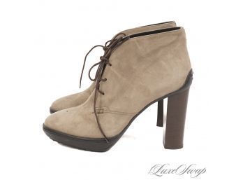 NEAR MINT AND VERY RECENT TODS MADE IN ITALY TAUPE MUSHROOM SUEDE PLATFORM GOMMINI SOLE BOOTIES 39