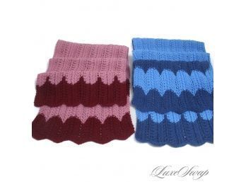 #4 LOT OF 2 FANTASTIC QUALITY NEAR MINT HAND CROCHETED SCARVES W/SCALLOP COLORBLOCK HEM IN BLUE AND PINK