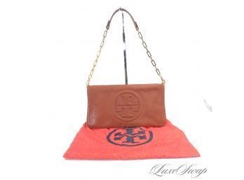 WOW THIS IS GOOD! NEAR MINT TORY BURCH VICUNA BROWN SOFT LEATHER MONOGRAM DOUBLE SIDED CHAIN BAG  W/ SLEEPER
