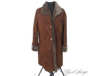 STUNNING BEYOND WORDS : SUED MOD MADE IN TURKEY CINNAMON SUEDE FULL SHEARED SHEARLING FUR LINED WOMENS COAT M