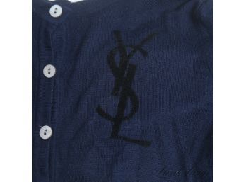 OOOOF! YSL YVES SAINT LAURENT INTARSIA LOGO NAVY BLUE CARDIGAN WITH MOTHER OF PEARL BUTTONS M
