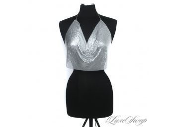 ATTENTION GETTER! ANONYMOUS SILVER METAL MESH UNLINED DRAPED HALTER TOP YOWZAAAAA