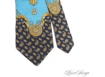 REAL DEAL VINTAGE 1990S VERSACE MENS SILK TIE IN NAVY WITH GOLD BEE PRINT AND TURQUOISE MEDUSA CAMEO