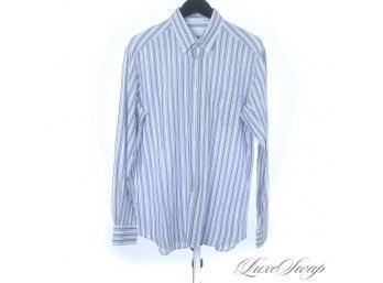 SUMMER PERFECT! MENS PRADA MADE IN ITALY WHITE AND BLUE MULTI STRIPE BUTTON DOWN DRESS SHIRT 16.5