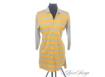 VINTAGE 1990S CALVIN KLEIN SPORT YELLOW AND HEATHER GREY STRIPED STRETCH POLO DRESS S