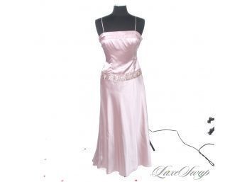 MAYBE WORN ONCE FLORI DESIGN BUBBLEGUM PINK SATIN CRYSTAL EMBROIDERED WAISTBAND STRAPLESS GOWN 6/8