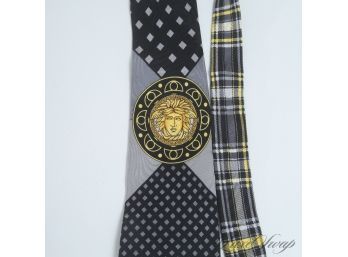 REAL DEAL VINTAGE 1990S VERSACE MENS SILK TIE IN GREY AND BLACK DIAMONDS WITH LARGE GOLD MEDUSA
