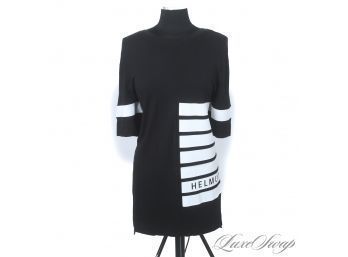 ROCKSTARS : HELMUT LANG NEAR MINT BLACK STRETCH COTTON DRESS WITH WHITE STRIPES AND LOGO XL