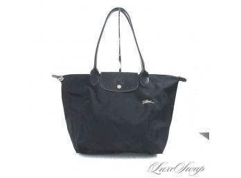 AUTHENTIC LONGCHAMP MADE IN FRANCE 'LE PLIAGE' LARGE ALL BLACK COLLAPSIBLE TOTE BAG