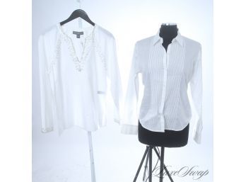 LOT OF TWO BROOKS BROTHERS AND JOSEPHINE CHAUS WHITE VOILE EMBROIDERED TUNIC AND BUTTON DOWN WOMENS SHIRT 8/6