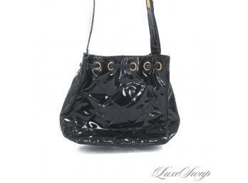 OH. MY.. GOD! AUTHENTIC VINTAGE 1990S CHANEL MADE IN ITALY BLACK QUILTED PATENT LEATHER GOLD CC CROSSBODY BAG
