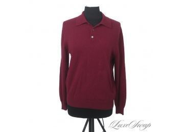 SUMPTUOUS! MENS GRANT THOMAS TWO PLY PURE CASHMERE MAROON CRANBERRY KNIT POLO SWEATER M