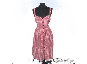 SUMMER FUN! MODERN MAEVE BRICK RED CHAMBRAY WHITE STRIPED RUCHED BUST SPOTTED SUMMER DRESS 16