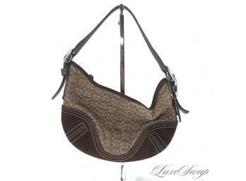 ADORABLE! AUTHENTIC COACH BROWN MONOGRAM CANVAS ALLOVER CC BROWN SUEDE CORNERED SMALL HOBO BAG