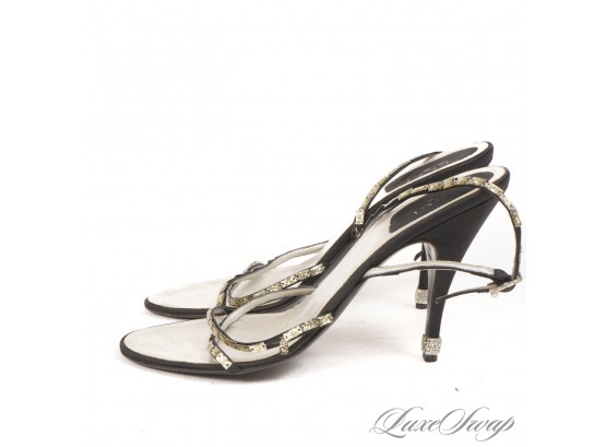 WHOAAAA $700 GUCCI MADE IN ITALY BLACK SATIN COATED CRYSTAL BEAD STRAPPY SANDALS 9.5