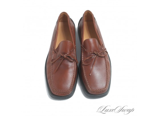 NEAR MINT TODS MADE IN ITALY MENS CHESTNUT BROWN GOMMINI RUBBER PEBBLED SOLE STRING LOAFERS 8.5