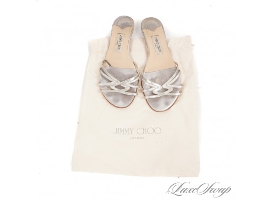 SO CUTE! JIMMY CHOO LONDON MADE IN ITALY SILVER METALLIC LEATHER STRAPPY FLAT SANDALS 39.5 / 9.5