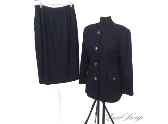 DYNAMIC VINTAGE OLEG CASSINI DEEP NAVY FLANNEL 2 PIECE SKIRT SUIT WITH BIG GOLD KNOT BUTTONS 10