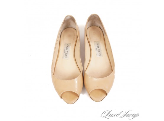 WITH ORIGINAL BOX! $595 JIMMY CHOO MADE IN ITALY NUDE PATENT LEATHER PEEPTOE BALLET FLAT SHOES 39