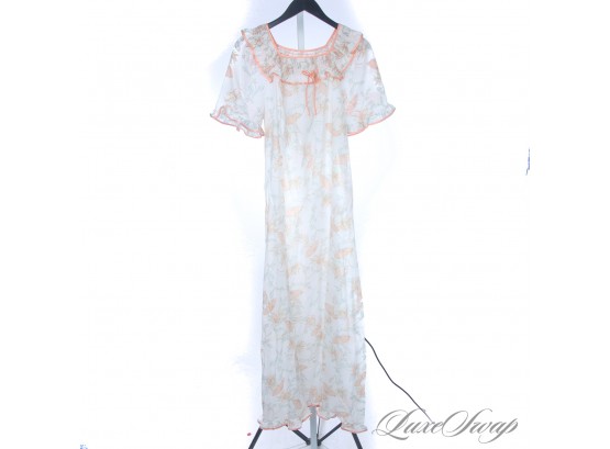 VERY VERY VERY RARE VINTAGE 1960S OR 1970S GIVENCHY PARIS INTIMATE WHITE/PEACH VOILE NIGHTGOWN HOUSE DRESS S