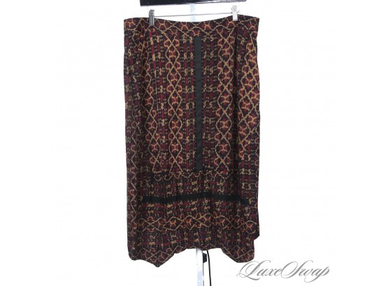NEAR MINT AND GORGEOUS LAFAYETTE 148 RED AND GOLD IKAT PRINT STRETCH SKIRT