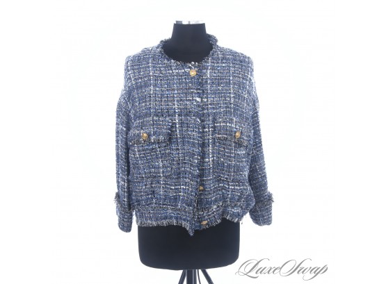BRAND NEW WITH TAGS ZARA OCEAN BLUE AND WHITE SPECKLED FANTASY TWEED CHANEL-ESQUE JACKET XL