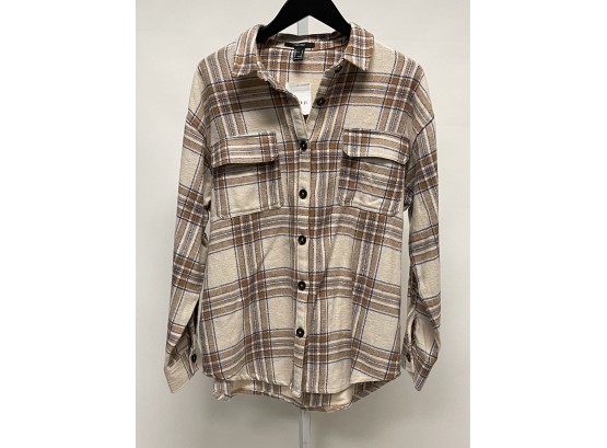 LUMBERJACKIE!! NWT 2021 COLLECTION WOMENS FOREVER 21 BROWN TARTAN FLANNEL OVERSHIRT SIZE L
