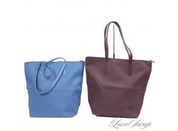 AWESOME DAILY DRIVERS! LOT OF 2 NEAR MINT LACOSTE MICROFIBER TEXTURED TOTE BAGS IN SKY BLUE AND PLUM
