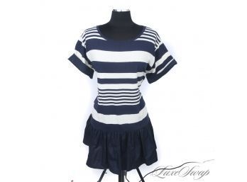 BRAND NEW WITH TAGS $128 VINEYARD VINES NAVY BLUE AND WHITE STRIPED DROP WAIST DRESS L