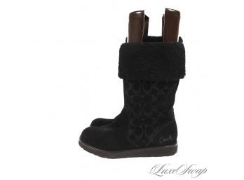 SIGNATURE AUTHENTIC COACH BLACK SUEDE MONOGRAM EMBOSSED GENUINE SHEARLING FUR 'KALLY' BOOTS 7.5