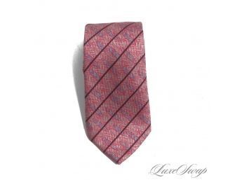 VINTAGE BALENCIAGA PARIS MADE IN ITALY MENS SILK TIE IN RED CHEVRON HERRINGBONE PRINT AND OVALS / STRIPES