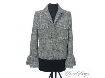 BRAND NEW WITHOUT TAGS MICHAEL KORS FOREST GREEN AND WHITE SPECKLED BOUCLE TWEED CHANEL-ESQUE JACKET S