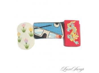 LOT OF 3 AWESOME VINTAGE 1960S/1970S NEEDLEPOINT LARGE SUNGLASSES CASES INCLUDING ONE ZIP WALLET