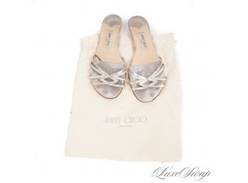 SO CUTE! JIMMY CHOO LONDON MADE IN ITALY SILVER METALLIC LEATHER STRAPPY FLAT SANDALS 39.5 / 9.5
