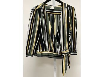 MODERN AND FRESH JAPNA OLIVE BLACK AND GOLD BROAD STRIPED PLUNGING NECK SELF WAIST TIE SHIRT SIZE XL